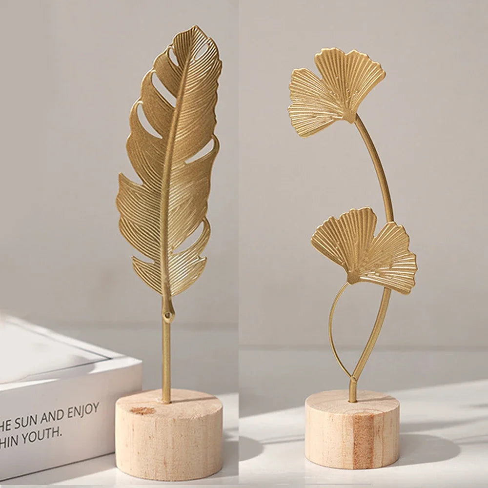 Golden Ginkgo Leaf Feather Figurines